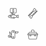 Set line Case or box for fishing equipment, Swiss army knife, Price tag and Oars paddles boat icon. Vector