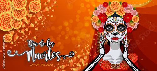 Day of the dead, Dia de los muertos, sugar skull with marigold flowers wreath on paper black color Background.