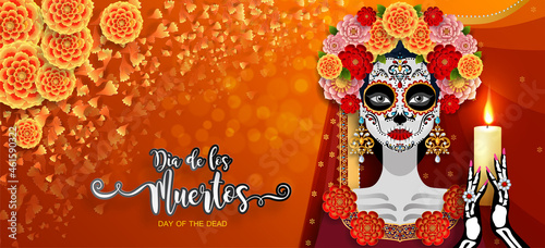 Day of the dead, Dia de los muertos, sugar skull with marigold flowers wreath on paper black color Background. photo
