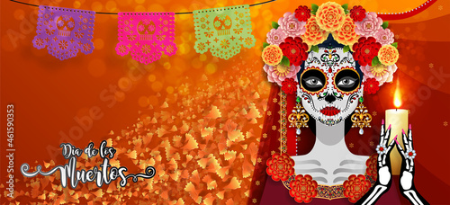 Day of the dead, Dia de los muertos, sugar skull with marigold flowers wreath on paper black color Background.