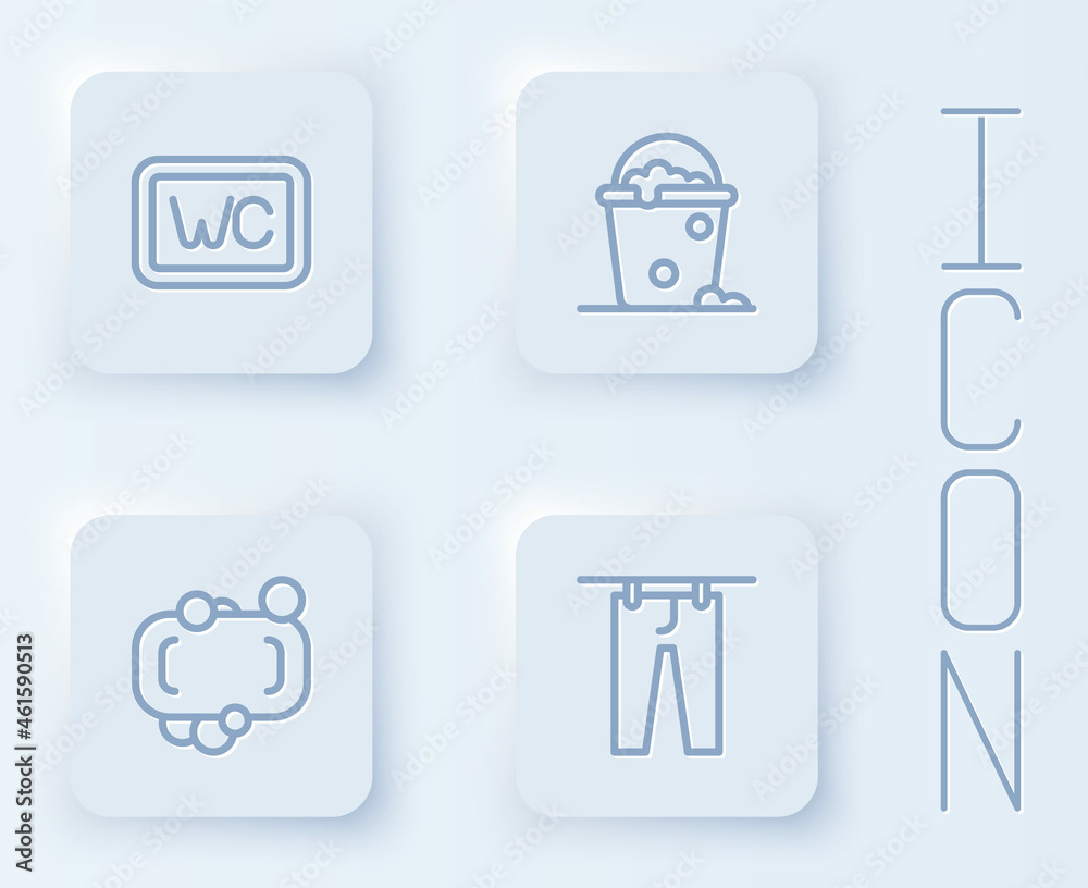 Set line Toilet, Bucket with foam and bubbles, Bar of soap and Drying clothes. White square button. Vector Set line Toilet, Bucket with foam and bubbles, Bar of soap and Drying clothes. White square button. Vector