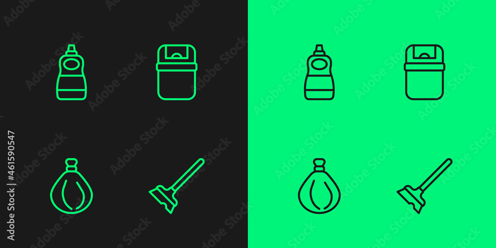 Set line Mop, Garbage bag, Dishwashing liquid bottle and Trash can icon. Vector Set line Mop, Garbage bag, Dishwashing liquid bottle and Trash can icon. Vector