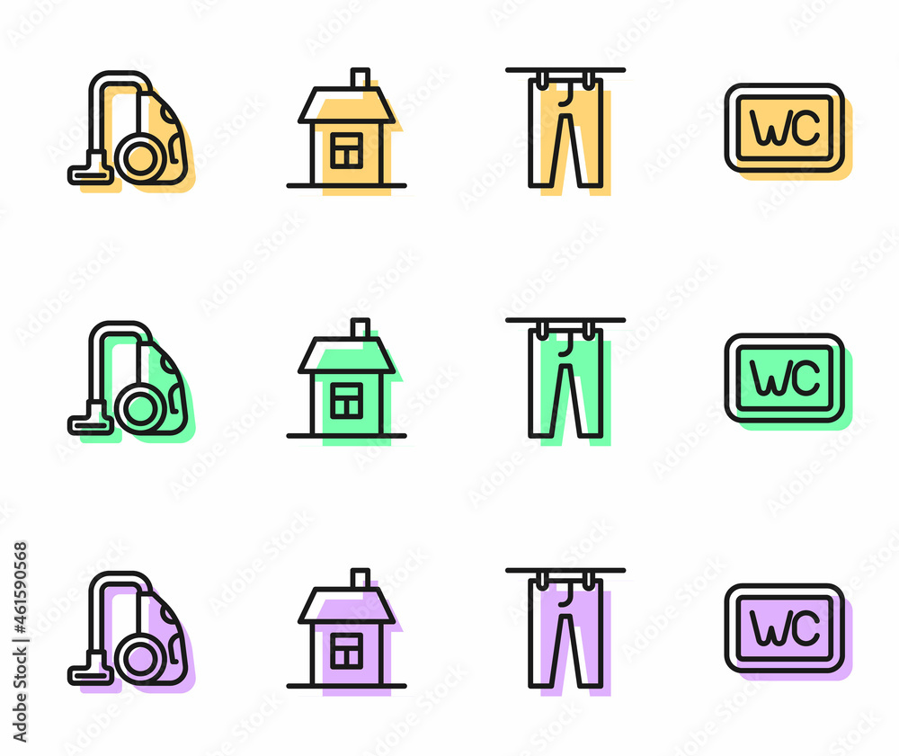 Set line Drying clothes, Vacuum cleaner, House and Toilet icon. Vector Set line Drying clothes, Vacuum cleaner, House and Toilet icon. Vector
