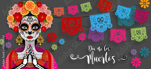 Day of the dead, Dia de los muertos, sugar skull with marigold flowers wreath on paper black color Background.