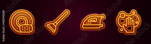 Set line Washing dishes, Rubber plunger, Electric iron and Sponge. Glowing neon icon. Vector