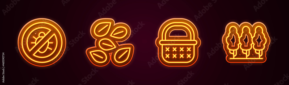 Set line Stop colorado beetle, Seeds of specific plant, Wicker basket and Fruit trees. Glowing neon icon. Vector Set line Stop colorado beetle, Seeds of specific plant, Wicker basket and Fruit trees. Glowing neon icon. Vector