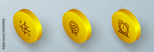 Set Isometric line Trigonometric circle, Medal with star and Alarm clock icon. Vector