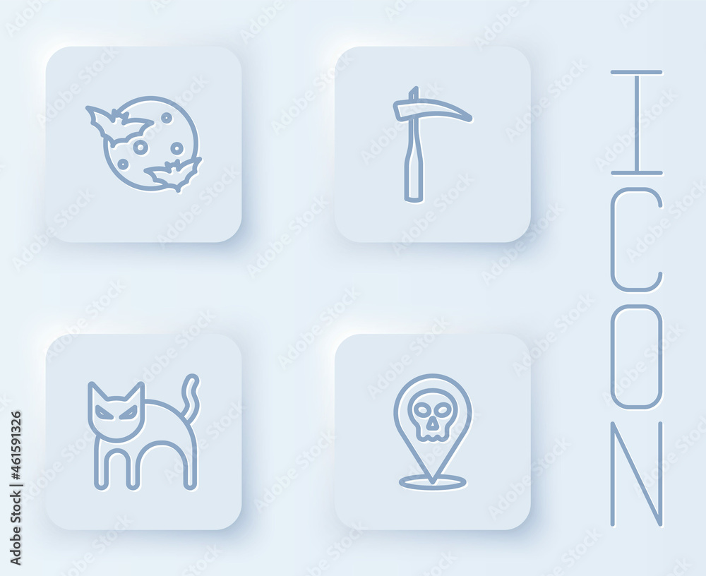 Set line Moon and stars, Scythe, Black cat and Skull. White square button. Vector Set line Moon and stars, Scythe, Black cat and Skull. White square button. Vector