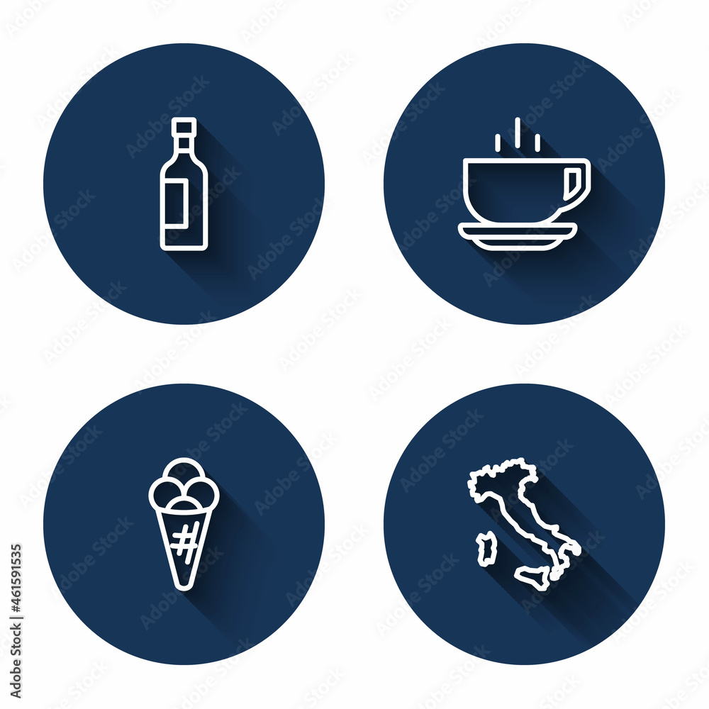 Set line Bottle of wine, Coffee cup, Ice cream waffle and Map Italy with long shadow. Blue circle button. Vector Set line Bottle of wine, Coffee cup, Ice cream waffle and Map Italy with long shadow. Blue circle button. Vector