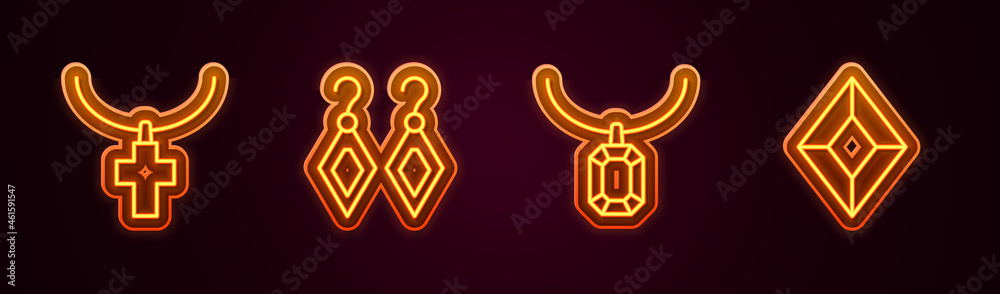 Set line Christian cross on chain, Earrings, Pendant necklace and Gem stone. Glowing neon icon. Vector Set line Christian cross on chain, Earrings, Pendant necklace and Gem stone. Glowing neon icon. Vector