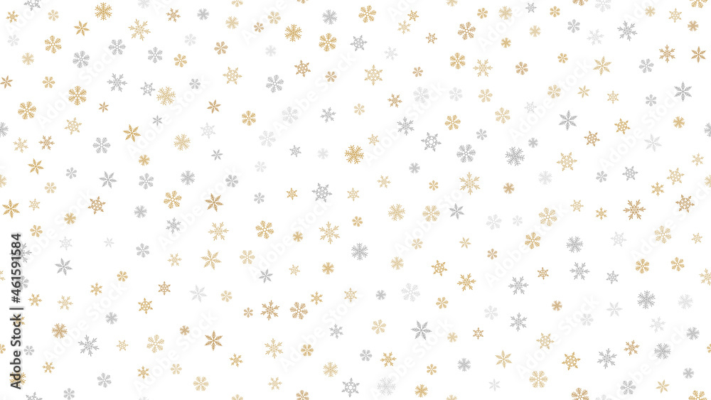 Golden snowflakes background. Luxury vector Christmas seamless pattern with small gold and silver snow flakes on white background. Winter holidays theme. Repeat design for decor, wallpaper, web, print Golden snowflakes background. Luxury vector Christmas seamless pattern with small gold and silver snow flakes on white background. Winter holidays theme. Repeat design for decor, wallpaper, web, print