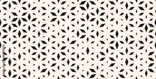 Vector seamless pattern with small diamond shapes, floral silhouettes. Subtle minimal background with halftone effect, randomly scattered shapes. Simple stylish black and white texture. Modern design