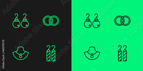 Set line Earrings, Necklace on mannequin, and Wedding icon. Vector