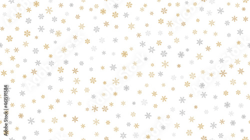 Golden snowflakes background. Luxury vector Christmas seamless pattern with small gold and silver snow flakes on white background. Winter holidays theme. Repeat design for decor, wallpaper, web, print