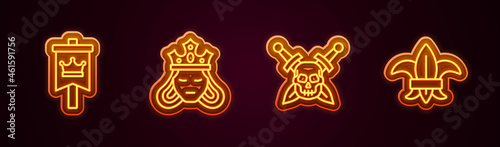 Set line Medieval flag, Princess or queen, Skull with sword and Fleur de lys lily flower. Glowing neon icon. Vector
