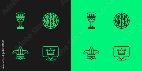 Set line King crown, Fleur de lys or lily flower, Medieval goblet and Round wooden shield icon. Vector