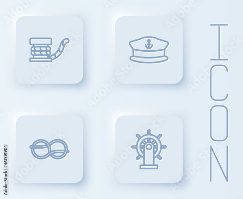 Set line Marine bollard with rope, Captain hat, Nautical knots and Ship steering wheel. White square button. Vector