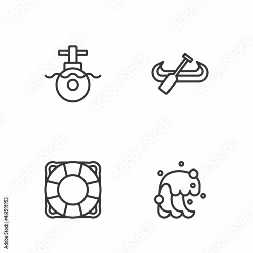 Set line Tsunami, Lifebuoy, Submarine and Kayak and paddle icon. Vector