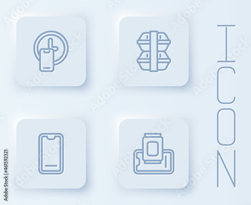 Set line Round the clock delivery, Lunch box, Food ordering on mobile and . White square button. Vector