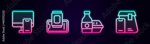 Set line Online ordering food, Food on mobile, and . Glowing neon icon. Vector