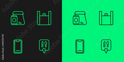 Set line Cafe and restaurant location, Food ordering mobile, Online food and icon. Vector
