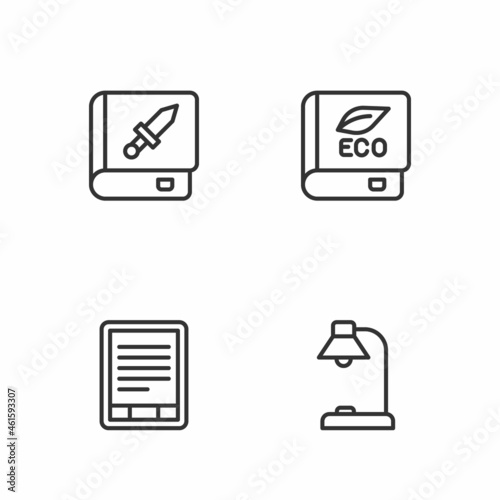 Set line Table lamp, E-Book reader, about weapon and ecology icon. Vector