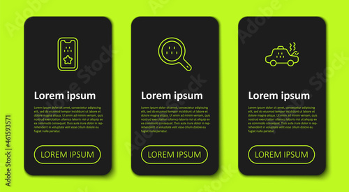 Set line Taxi mobile app, Search taxi and Broken car. Business infographic template. Vector
