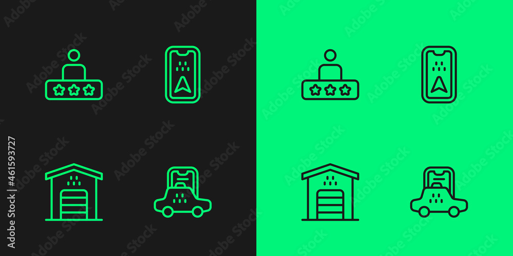 Set line Taxi mobile app, Garage for taxi car, service rating and Infographic of city map icon. Vector Set line Taxi mobile app, Garage for taxi car, service rating and Infographic of city map icon. Vector
