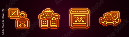 Set line Taxi driver, service rating, mobile app and car insurance. Glowing neon icon. Vector