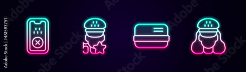 Set line Taxi mobile app, service rating, Credit card and driver. Glowing neon icon. Vector