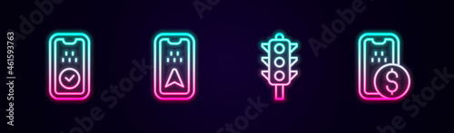 Set line Taxi mobile app, Infographic of city map, Traffic light and Mobile banking. Glowing neon icon. Vector