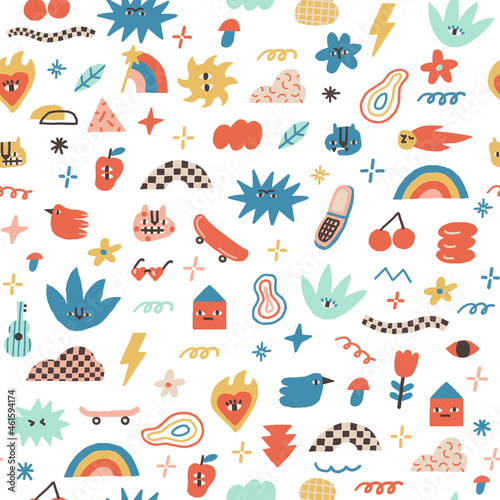 Funny and joyful contemporary pattern with animals  trippy characters and raw shape objects. Vector illustration