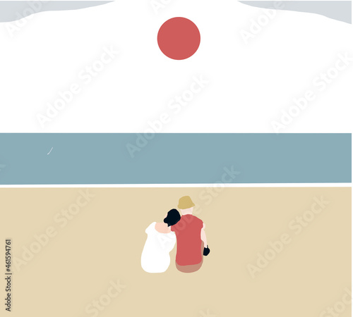Couple watching sunset together on beach travel summer holidays. Romantic dating by the sea. Vector illustration design