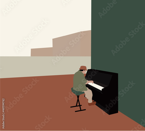 Piano player with medical mask performing during a pandemic on street near river. Music show entertainment and hobby concept. Outdoors. Close-up.