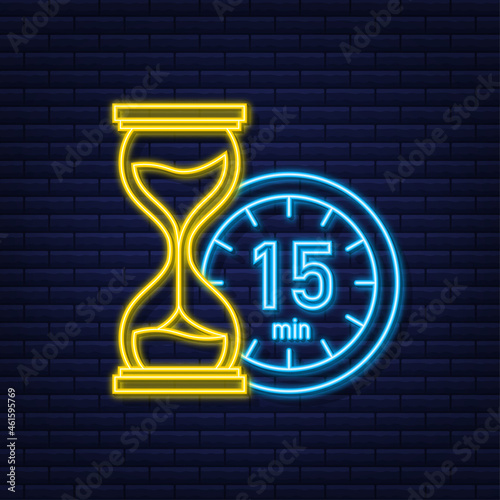 The 15 minutes, stopwatch vector neon icon. Stopwatch icon in flat style, timer on on color background. Vector illustration
