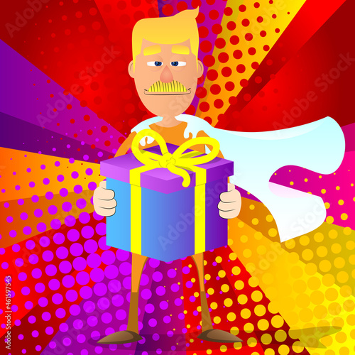 Funny cartoon man dressed as a superhero holding big gift box. Vector illustration.