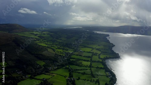 Lough Derg, County Tipperary, Ireland, September 2021. Drone gradually ascends while parallel with Carrowgar Bay while pushing south towards Ballina and Killaloe.