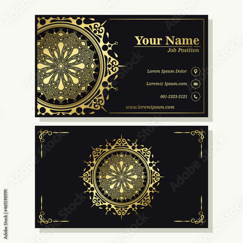 Luxury business card and vintage ornament logo vector template. Retro elegant flourishes ornamental frame design and pattern background.