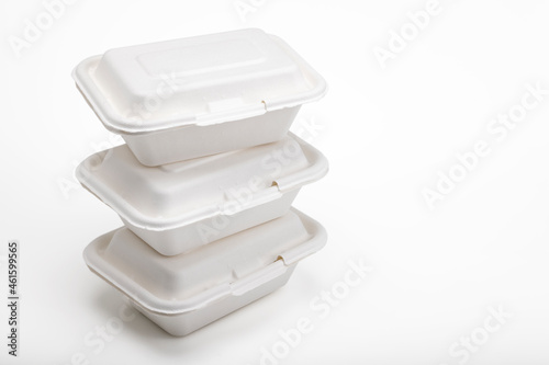 Bagasse food box on white background , Natural eco-friendly disposable utensil concept