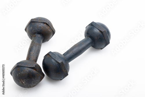 Abandoned old rusty dumbbell on a white background , Neglect of health care concept