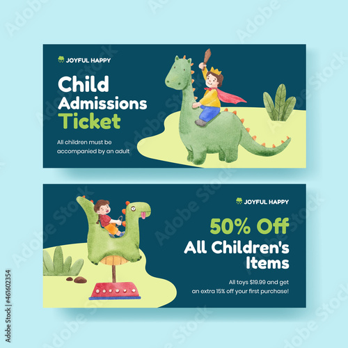 Voucher template with happy children concept,watercolor style