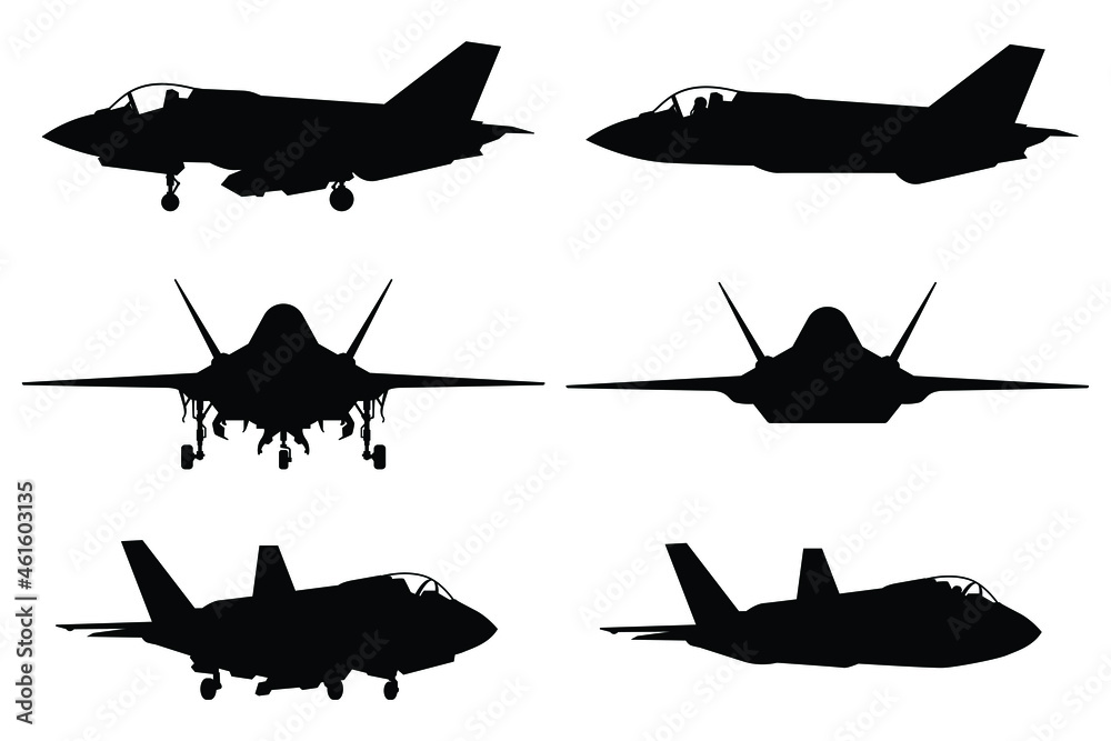 Fighter jet aircraft silhouette vector on white background, military ...