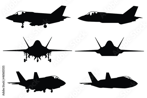 Fighter jet aircraft silhouette vector on white background, military vehicle technology, set of air force weapon in black and white.