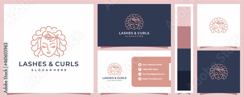 Lashes and curls woman monoline logo design and business card