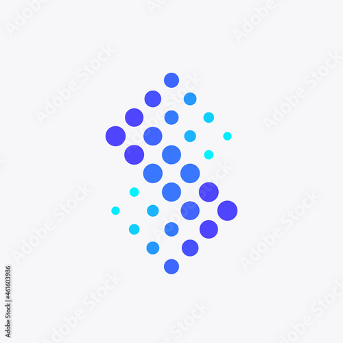 The letter S is made up of an arrangement of dots. Futuristic and playful logo. Perfect for logos for tech companies such as computers, internet, crypto currency, artificial intelligence, etc.
