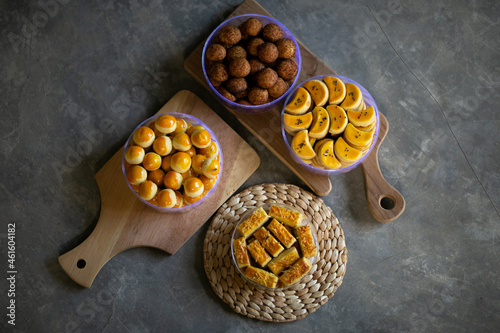 Various type of Indonesian pineapple tart cookies called nastar cookies photo