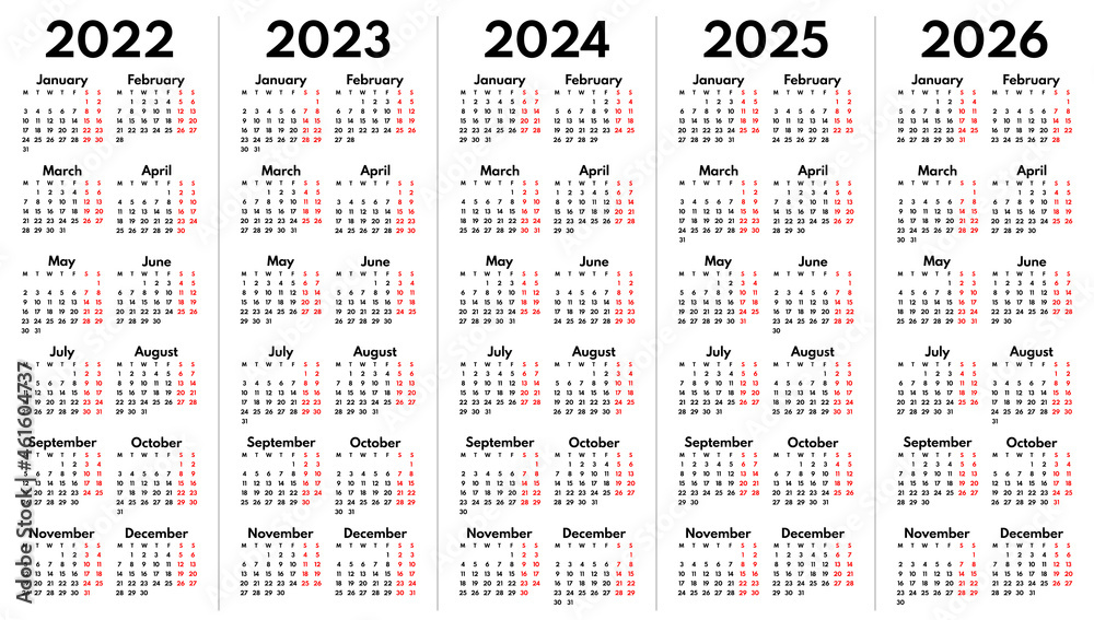 2022 2023 2024 2025 2026 Full Years English Language Calendar Grids