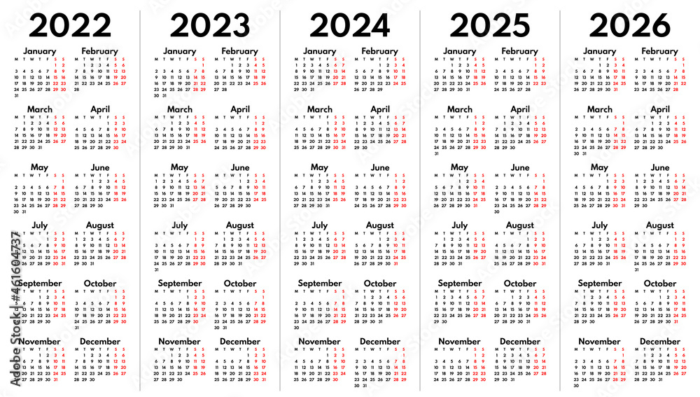 2022 2023 2024 2025 2026 full years english language calendar grids