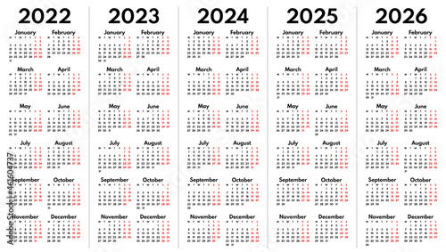 2022 2023 2024 2025 2026 full years english language calendar grids, vertical layout
