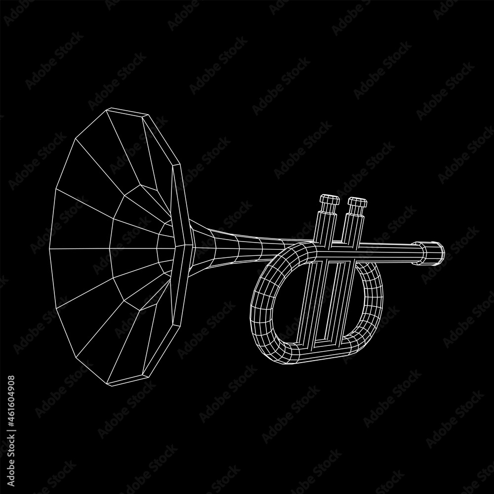 Trumpet pipe fife musiacal instrument. Wireframe low poly mesh vector illustration.